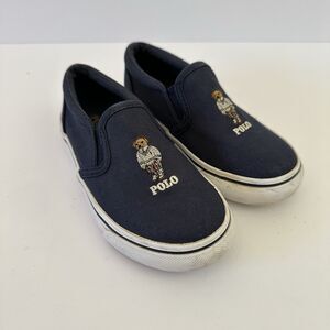 Polo Ralph Lauren Boys Girls Size 10 Keaton Slip On Bear Shoes Loafers Navy Blue